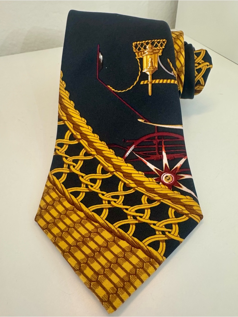 Hermès Paris Silk Tie Gold Chain Equestrian Pattern Made France
